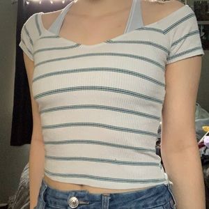 Charlotte Russe White Top Blue Green Stripes XS